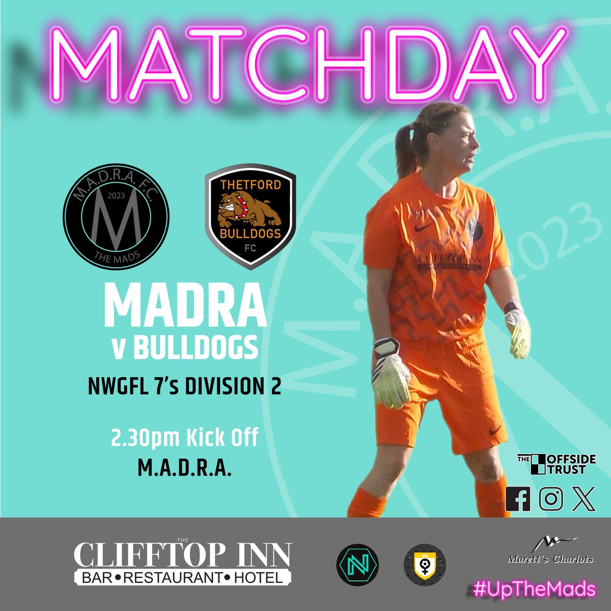 MATCHDAY!
Women play their final game of the season & they welcome Bulldogs FC
#UpTheMads #WelcomeToTheMadhouse #Madness #TheMads #MadraFC #NorfolkFootball #OneStepBeyond