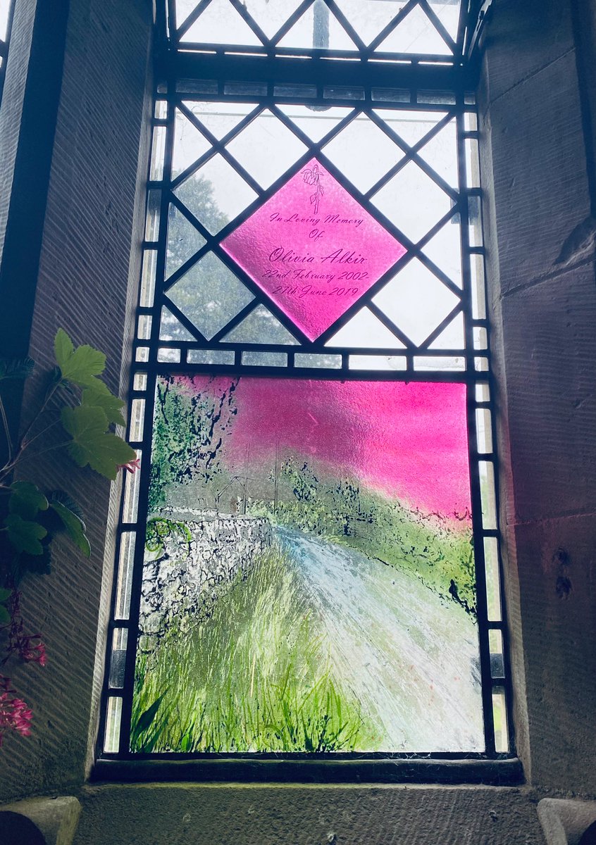 A very moving piece of modern stained glass  from St Michael’s Church, Efenechtyd near Ruthin. In memoriam to a girl from the village who died in an accident. The stained glass is from an original painting of hers of the surrounding lanes. #stainedglasssunday #olivia