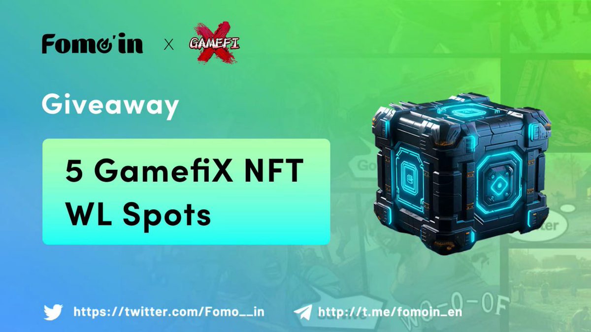 🤝 New Partnership #Airdrop 🎁 Prize Pool «» 5 GameFiX #NFT WL Spots ✅ Follow @0xGameFiX & @Fomo__in ✅ RT & ❤️& Tag 3 Friends ✅ Comment your #BSC address⤵️ ⏰ Ends 72H #Giveaways #NFTGiveaway #BTC #BNBChain #Giveaway #Web3gaming