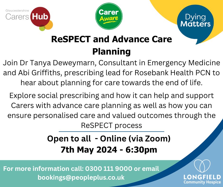 Do you have a plan? 

Nobody knows what the future holds, so having a plan is important.

Book now to join our session offered by @dyingmatters @GCarersHub and supported by Longfield

 #DyingMatters #FuturePlanning #CarersHub #Gloucestershire #LifePlanning #EndOfLifeCare