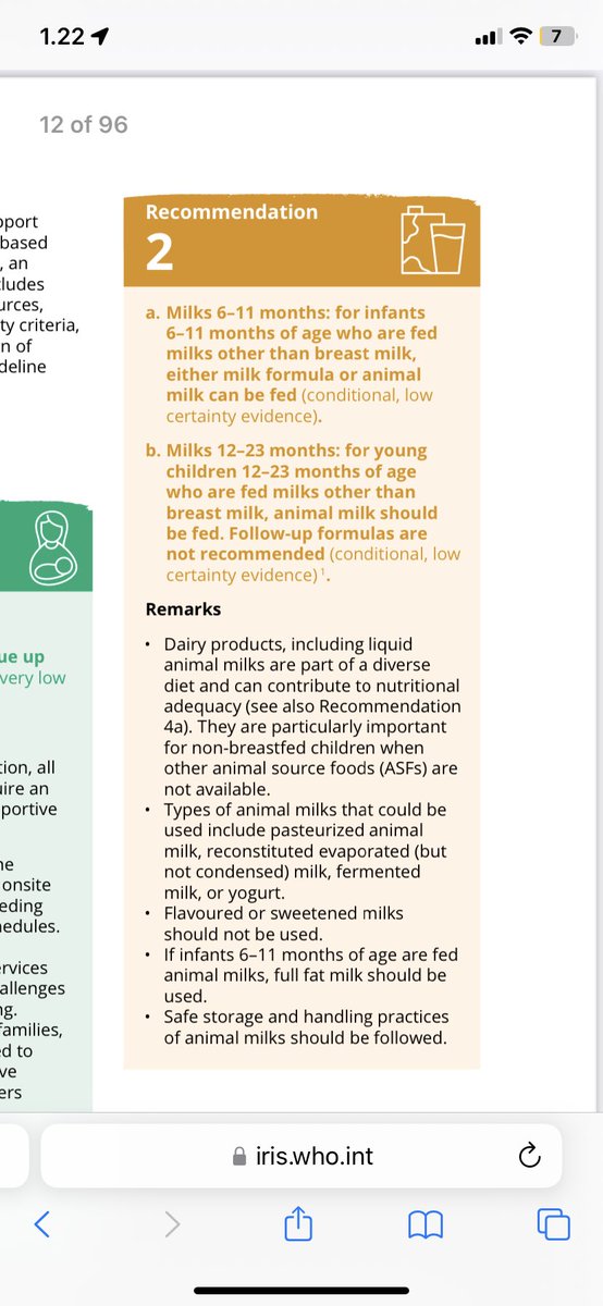 Bbrp waktu lalu WHO mengeluarkan rekomendasi pemberian makanan pendamping pd bayi usia 6-23 bln. 

Yg paling bikin heboh adalah point rekomendasi kedua di bwah ini.
Susu u/ anak usia 12-23 bln: bagi anak yg tdk minum ASI, direkomendasikan animal milk bukan susu formula.

Lho knp?