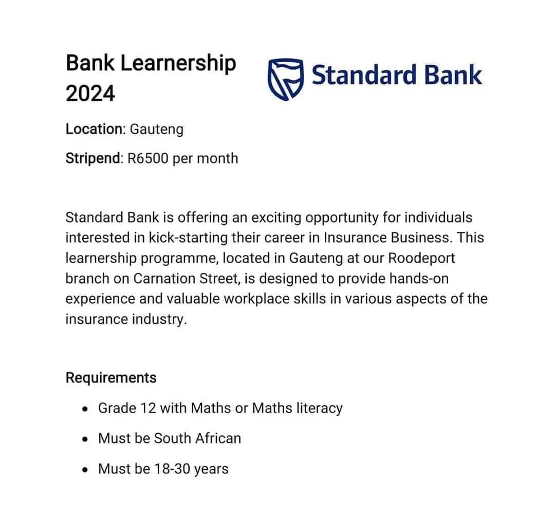 📌Standard Bank Learnership (May 2024)

Stipend: R6500 per month

Location: Gauteng 

Requirements:
Grade 12 with Maths or maths literacy 

Link To Apply: tinyurl.com/2p9mvjvv

Closing date: 12 May 2024