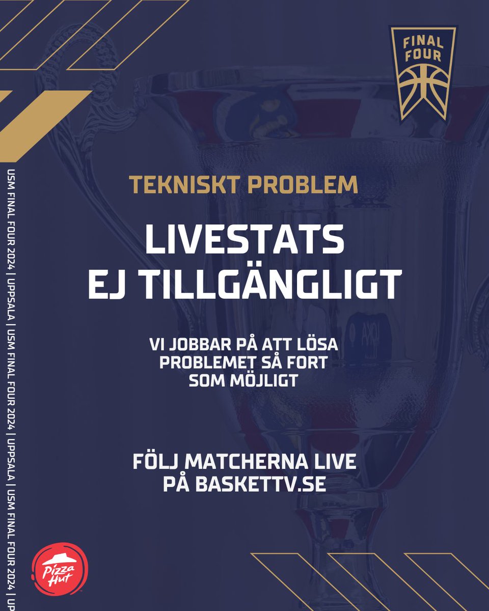 ❌ Tyvärr har vi just nu tekniska problem med livestatistiken från matcherna i Fyrishov, och vi försöker lösa det så fort som möjligt. 

📺 Du kan fortfarande se matcherna live på BasketTV.se. 

#SvenskBasket | #USMBasket