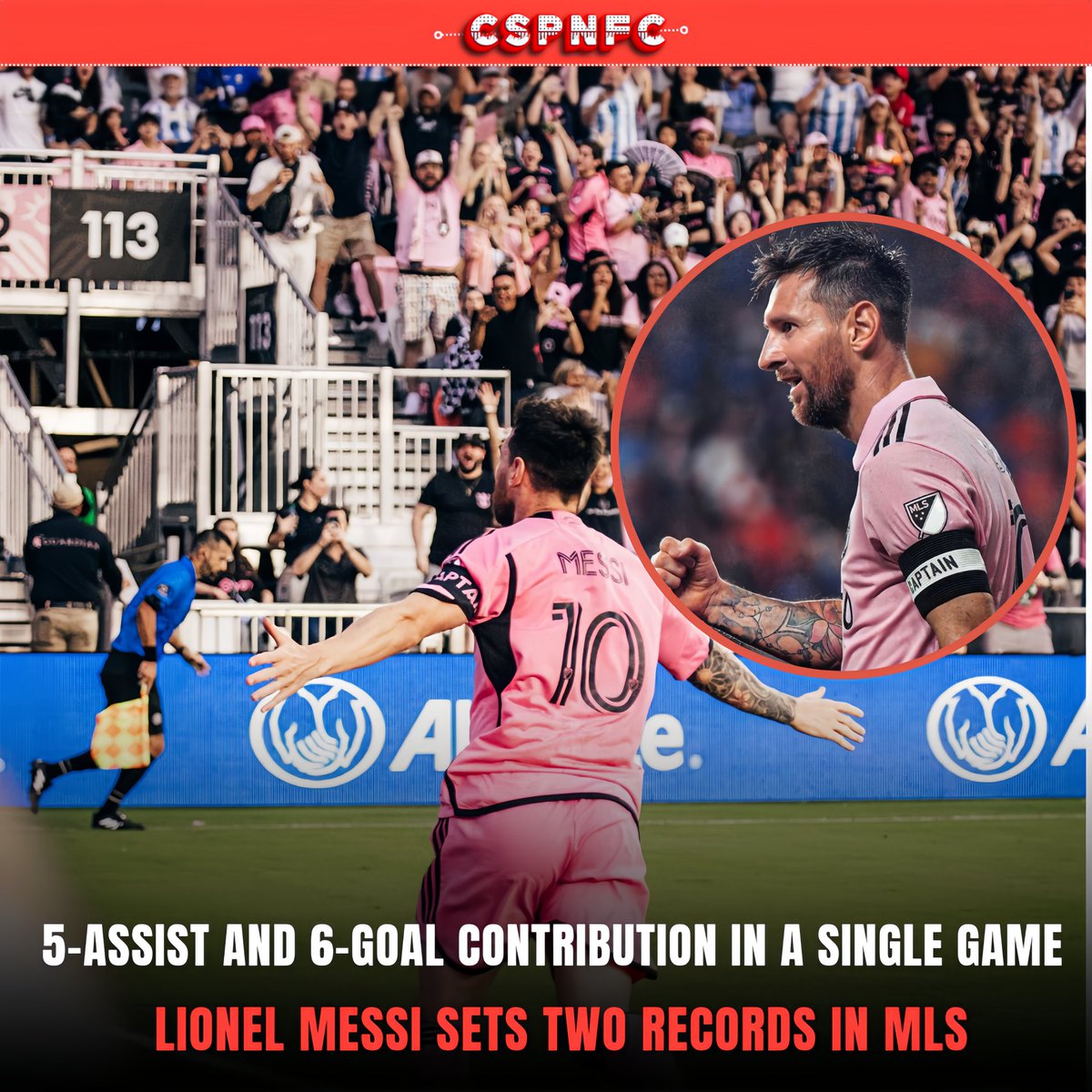 🇦🇷The GOAT was back at it in Inter Miami CF's 6-2 rout of the New York Red Bulls.

📛He broke two MLS records in the process:

✅Most assists in a single MLS game (5)
✅Most goal contributions in a single MLS game (6)

#Messi #LionelMessi #cspnfc