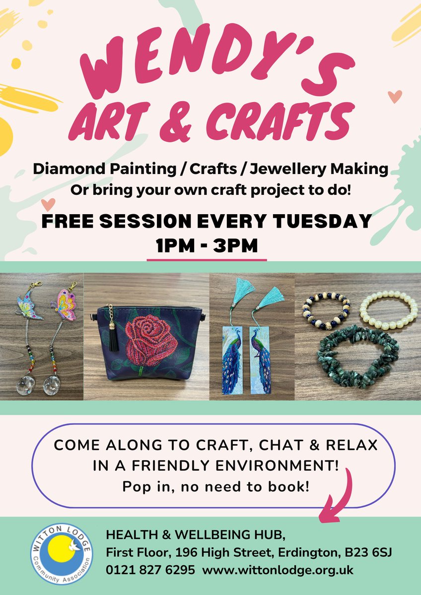 📢 Join us for FREE art & crafts with Wendy every Tuesday 1-3pm! Whether you love diamond painting, jewellery making, or have a special project to bring, let your creativity shine! Venue: Health & Wellbeing Hub, 196 High Street, #Erdington. No need to book; just drop in!