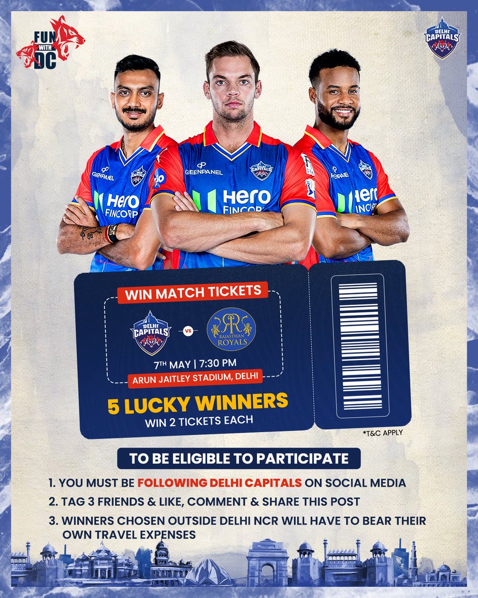 Participate, complete all the steps and await your reward ⏳ Win ✌ free match tickets for #DCvRR at Qila Kotla and Roar Macha with us 💙🔥