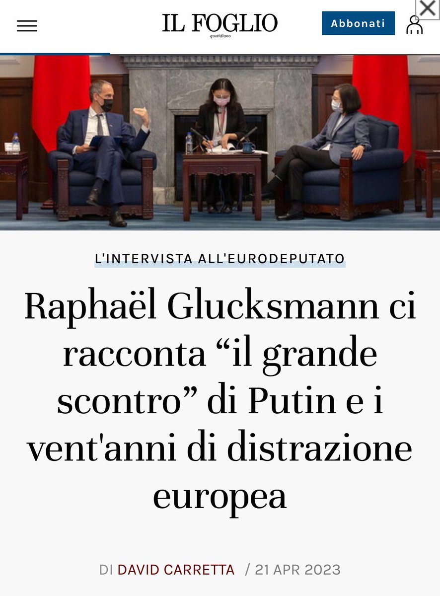 Ho iniziato a seguire attentamente @rglucks1 da questa intervista di @davcarretta, @ilfoglio_it del 21 aprile 2023, in cui ci raccontò “il grande scontro” di Putin e i vent'anni di distrazione europea. Ve la condivido, ci presenta chi è Raphaël Glucksmann. ilfoglio.it/esteri/2023/04…