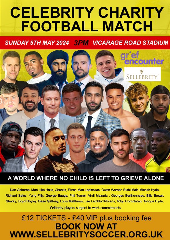📆 TODAY IS THE DAY ⏰ 3PM KICK OFF 📍WATFORD FC - VICARAGE ROAD 🎫 PAY ON THE DAY FROM 1.30PM You can pay on the day today for our Huge celebrity charity football match at @WatfordFC for @griefencounter Or you can BOOK NOW - Tickets on sale at sellebritysoccer.org.uk