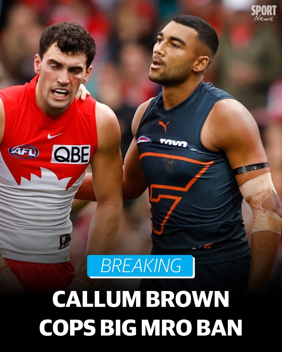 Giant Callum Brown has learnt his fate after his big hit on Sydney's Tom McCartin. ✍: @ClarkyHeraldSun DETAILS: bit.ly/4bo2Ab5