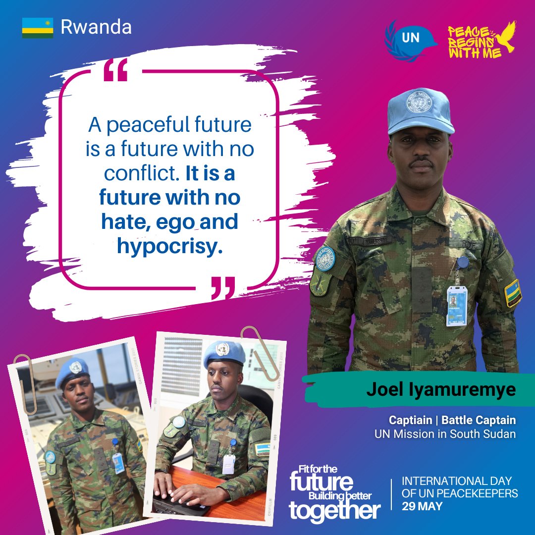 Growing up in an environment where peace was the only option to live, Captain Joel Iyamuremye 🇷🇼 felt encouraged to serve & give back to society. As a Battle Captain w/ @unmissmedia, he analyzes, plans & coordinates all of his battalion's tasks. #PKDay @RwandaUN