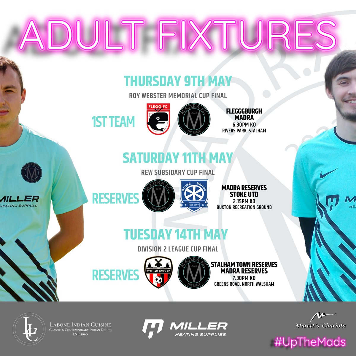 3 final mens fixtures of the season.
3 cup finals!
#UpTheMads #WelcomeToTheMadhouse #Madness #TheMads #MadraFC #NorfolkFootball #OneStepBeyond