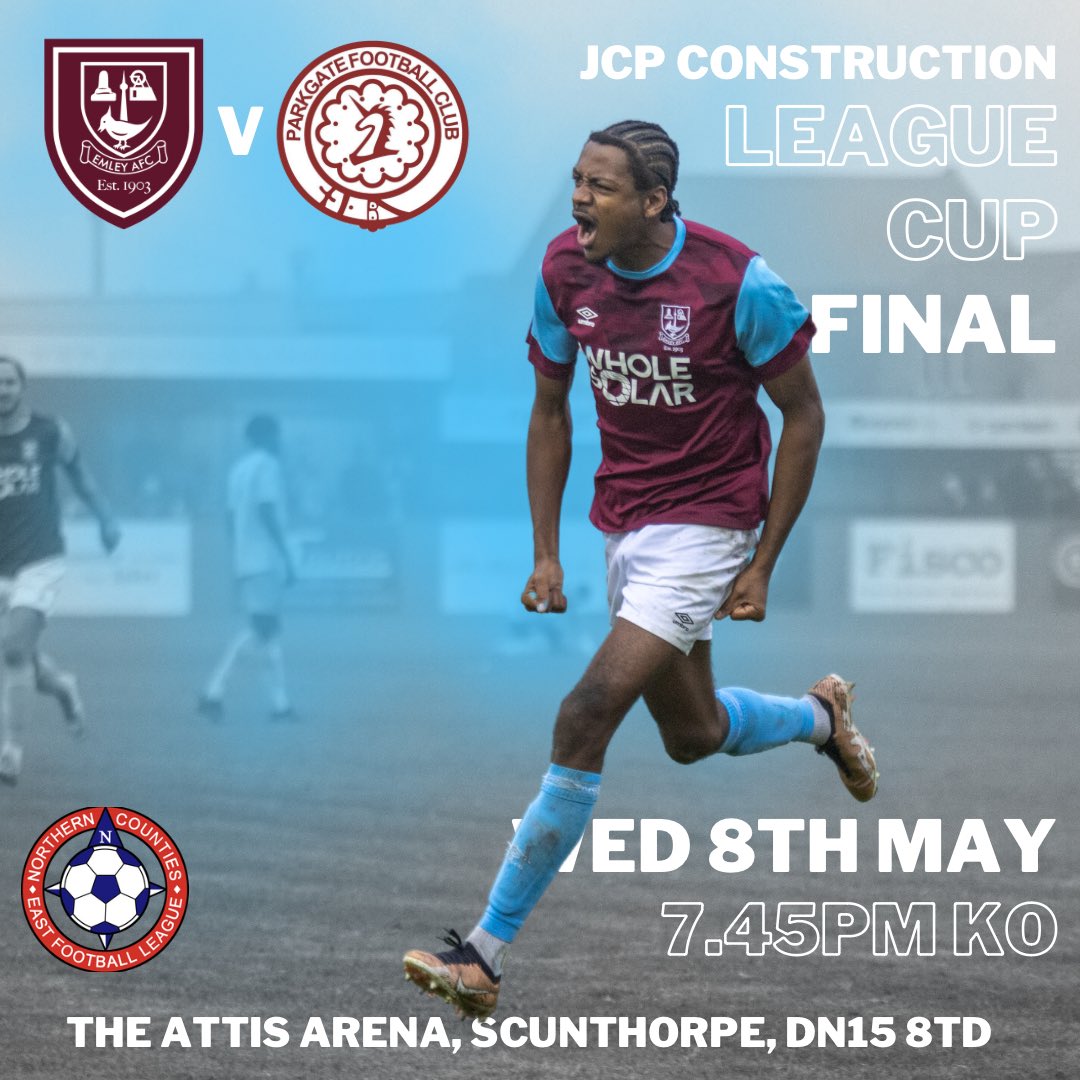 Next Match 🏆
JCP Construction League Cup Final 

Emley AFC v Parkgate 
Wednesday 8th May
7.45pm KO
🎟️Adults £5, Concessions £3
ℹ️ Pay on gate cash & card from 6.15pm
📍The Attis Arena, Scunthorpe, DN15 8TD
🚙 Free parking
⚽️ Programme £1
🍺 Food kiosk & licensed bar 

#UTP