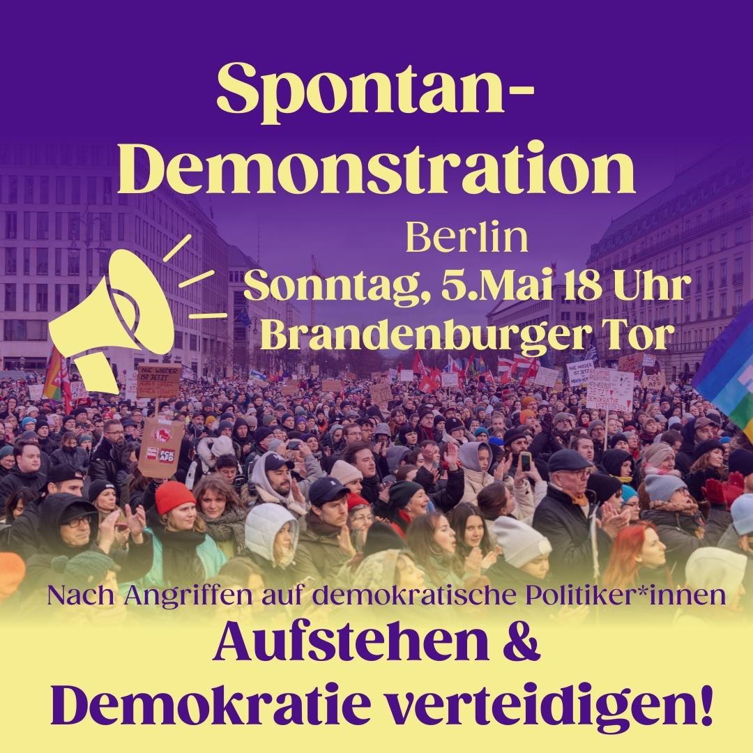 #Berlin Heute, 5. Mai, 18 Uhr #BrandenburgerTor 
Kundgebung zur Verteidigung der Demokratie aufgrund von Angriffen auf Politiker_innen. 1/3
 #b0505