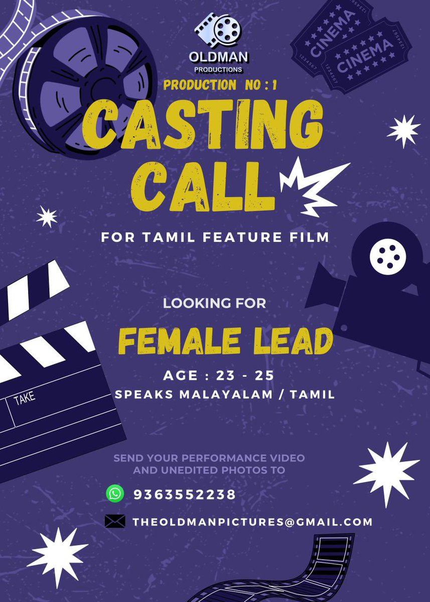 Casting Call 🎭 Feature (Tamil)

Looking 
#arh #auditionsarehere #castingcall #tamil #tamilfilm #kollywood #tamilcinema #tamilmovie #femaleactress #girlactor #girlactors #femaleactor #femaleactors #featurefilm #chennai #vadapalani #heroine #femalelead #oldmanproductions