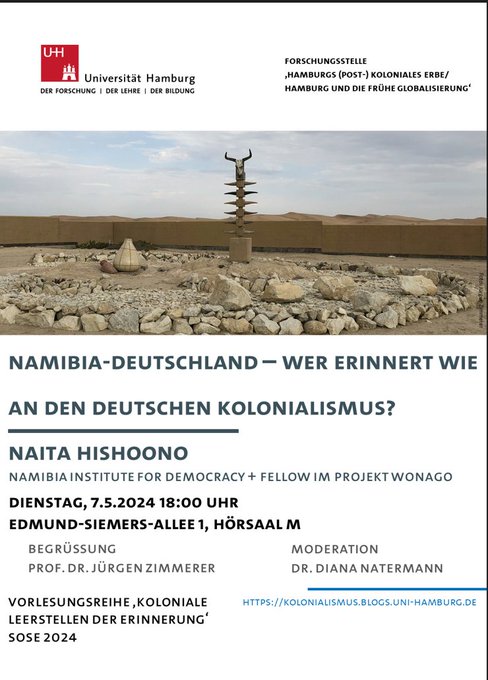 Nichts tut sich in punkto Anerkennung #Genozid #Herero #Nama...
Darüber uvm sprechen wir am Dienstag mit Naita Hishoono (Windhoek), die zur Zeit bei <a href="/coloniallegacy/">Koloniales Erbe</a>  zu Gast ist, in Koop. mit <a href="/WONAGO_HH/">WONAGO</a> @BMBF_Bund  
Kommen Sie doch!
<a href="/Dr_Natermann/">Diana Miryong Natermann @drnatermann.blsky.social</a>
Infos: shorturl.at/mwV79