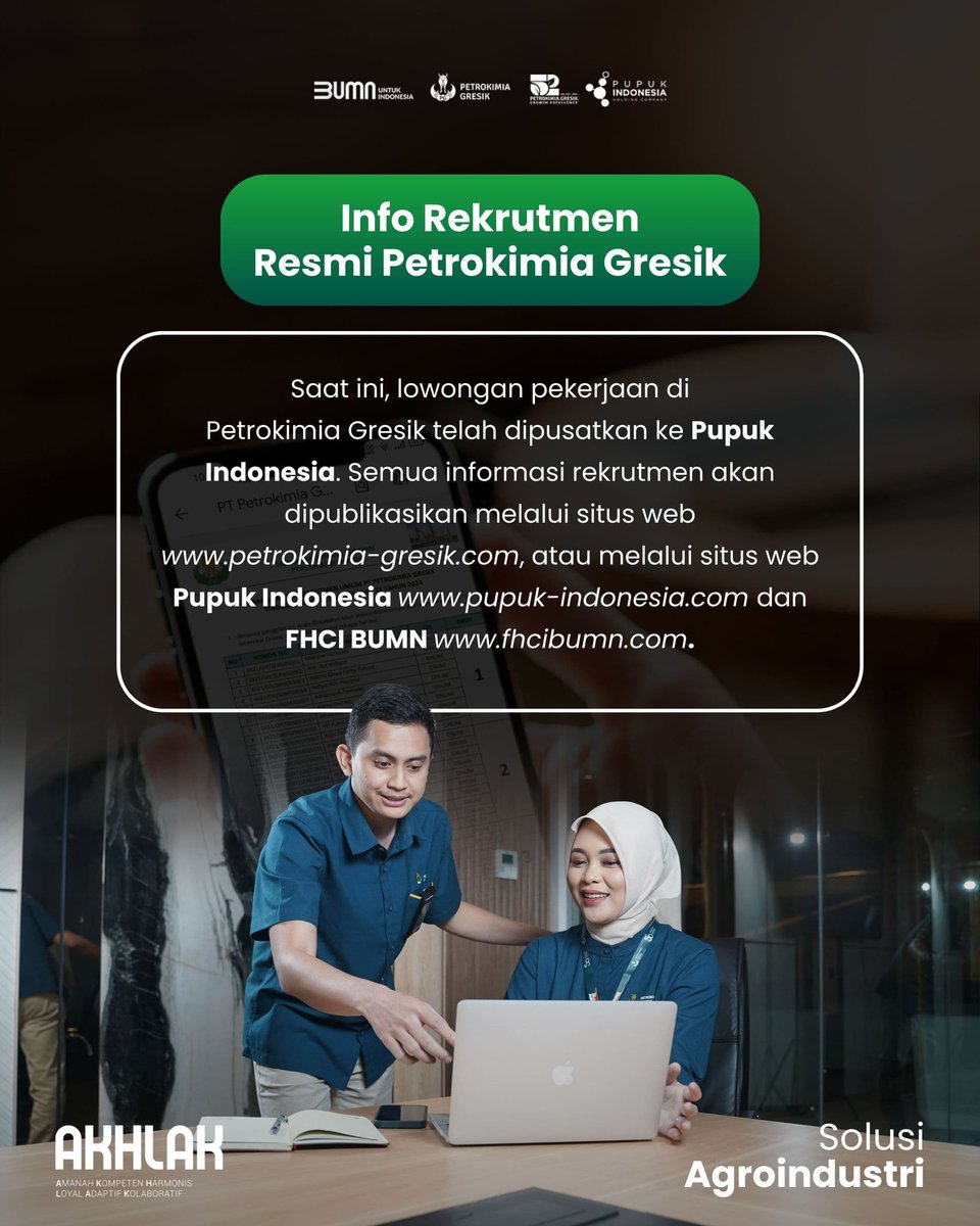 Untuk informasi lowongan kerja dan kesempatan karir di Petrokimia Gresik yang benar dapat diakses melalui website petrokimia-gresik.com atau melalui website Pupuk Indonesia dan FHCI BUMN yaa Sahabat🤗

#PetrokimiaGresik #SolusiAgroindustri #SolusiMakmurkanNegeri #PenipuanLoker