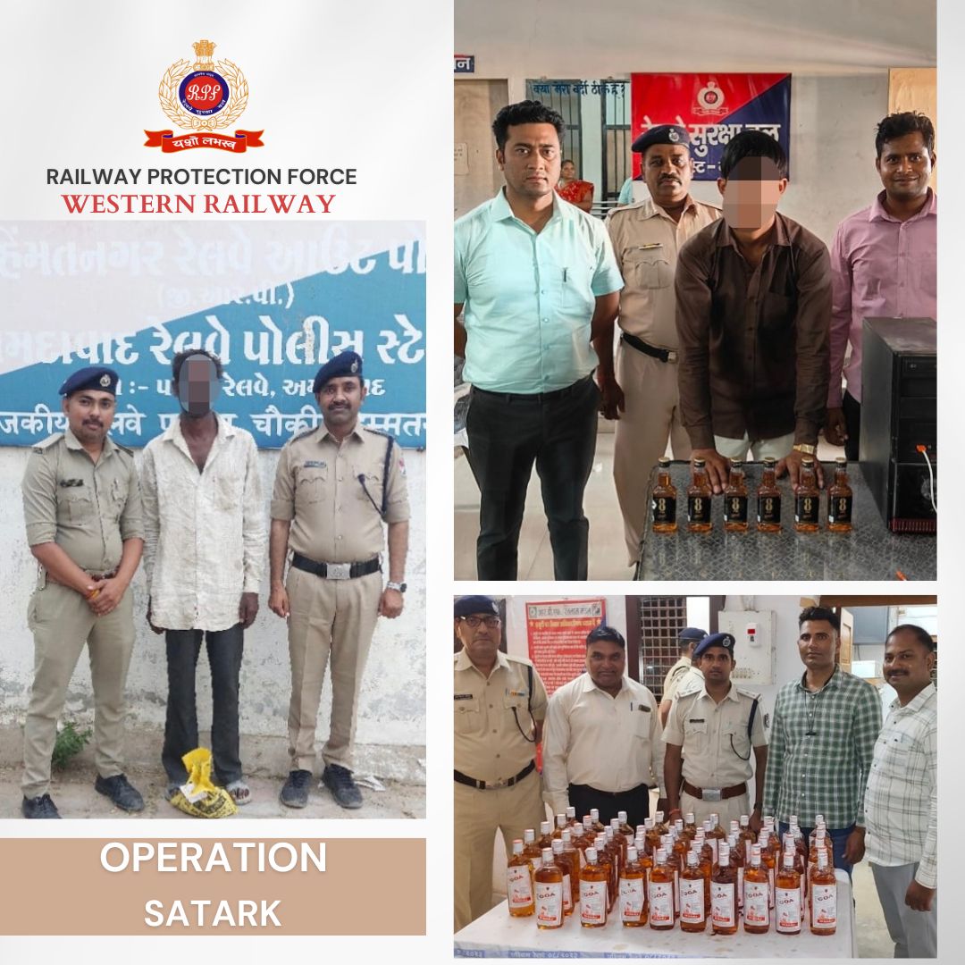 During Operation Satark, RPF WR staff nabbed two bootleggers with 165 bottles of illicit English liquor valued at Rs 26,975 in separate incidents at Vapi, Meghnagar, and Himmatnagar Stations. Seized and handed over to GRP for further legal action. @RPF_INDIA