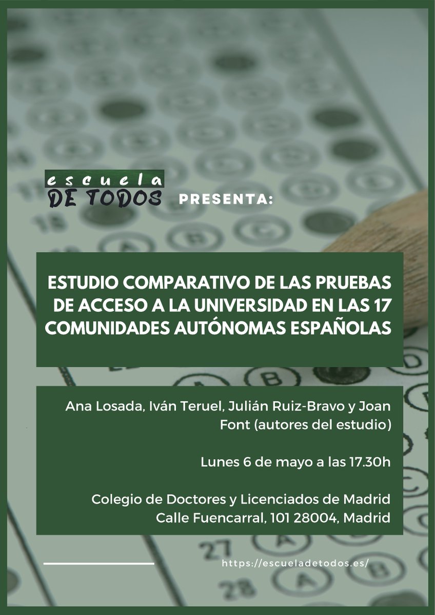 📢Escuela de Todos presenta mañana un minucioso estudio sobre las pruebas de selectividad en España 📅Lunes, 6 de mayo ⏰17.30h 📍Colegio de Doctores y Licenciados de Madrid C/ Fuencarral, 101 28.004 Madrid 📢Entrada libre ❗️No puedes faltar ❗️