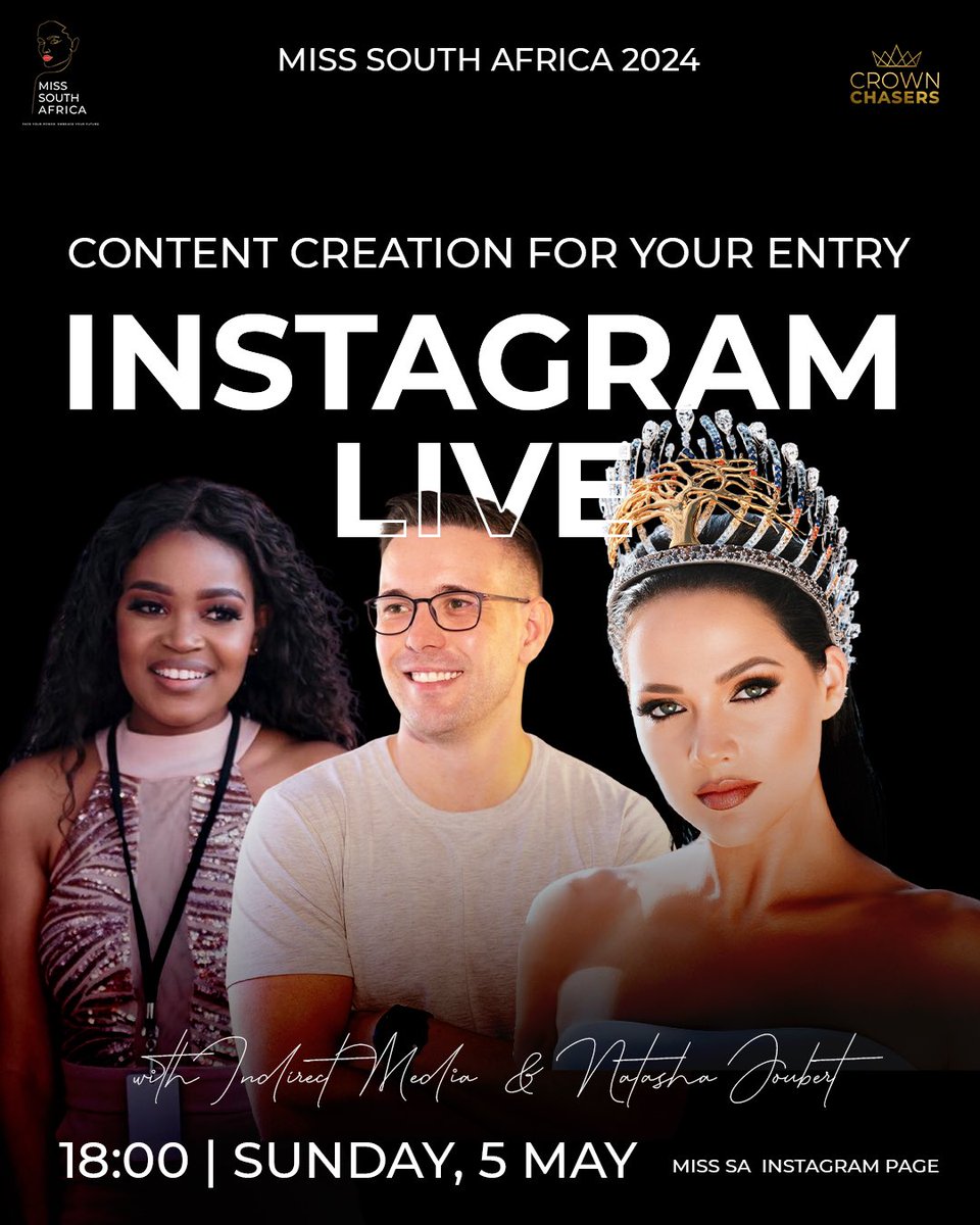 Another incredible IG Live empowerment session loading. 💁‍♀️

Tonight we unpack everything concerning creating content for your entry! 

See you at 6 PM (SAST) ⏰

#misssa2024 #faceyourpower #embraceyourfuture #misssaapp #crownchasers |©