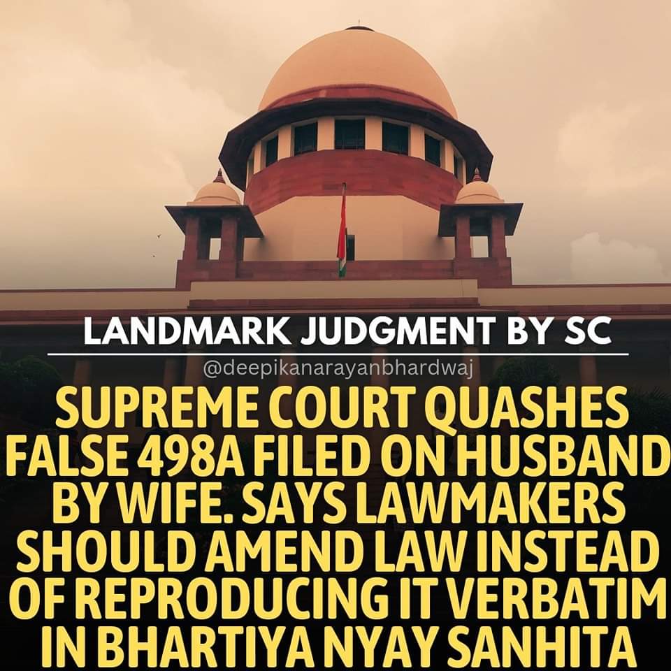 Supreme Court delivered a landmark judgement on misuse of IPC #498A yesterday Didn't see any news channel making it a prime time debate Please tag anchors of news channels. Wo kya hai na jab aadmiyon ke liye courts bolti Hain to aisi judgments untak pohonch nahi paati.