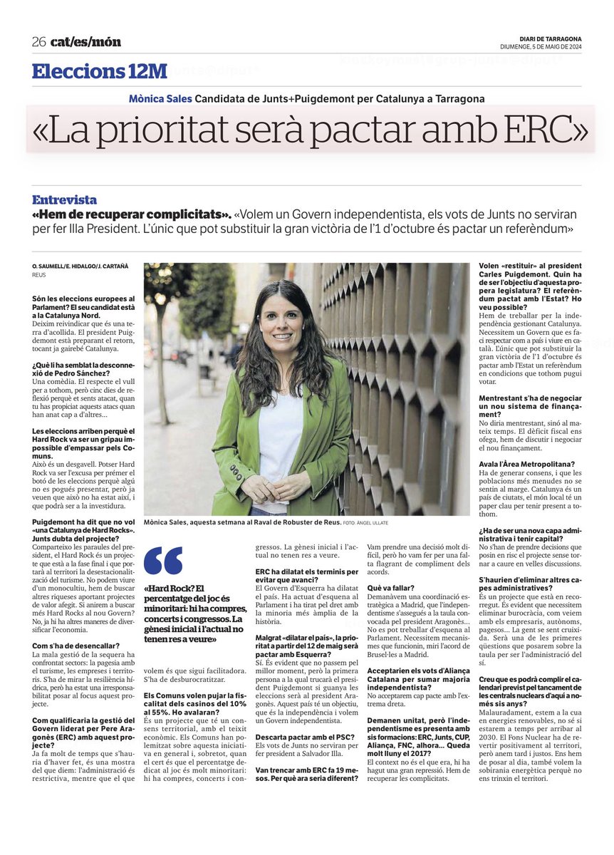 🗞️ Us comparteixo l'entrevista d'avui al @diaridtarragona #PuigdemontPresident