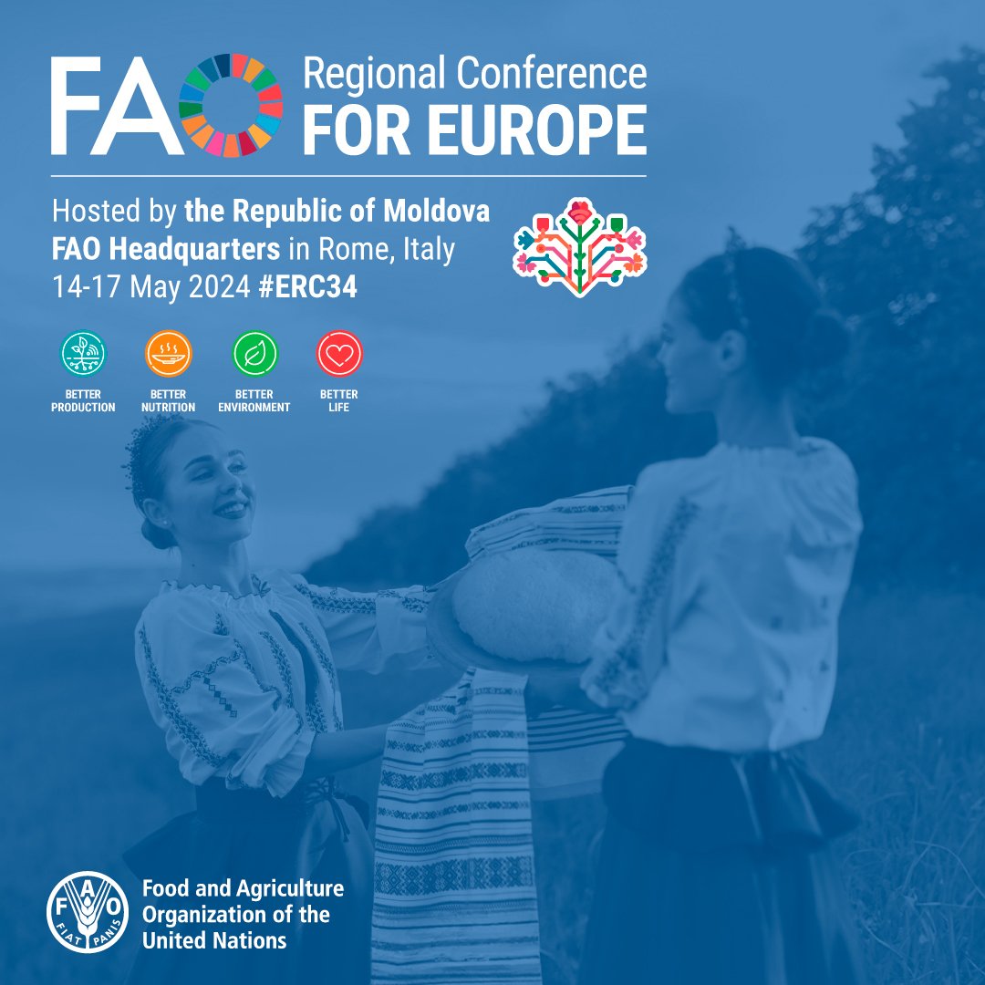 The 34th session of the @FAO Regional Conference for Europe (#ERC34) will take place from 14 to 17 May 2024. It will be chaired by H.E. Vladimir Bolea, Deputy Prime Minisiter, Minister of Agriculture and Food Industry of the Republic of #Moldova 🇲🇩.