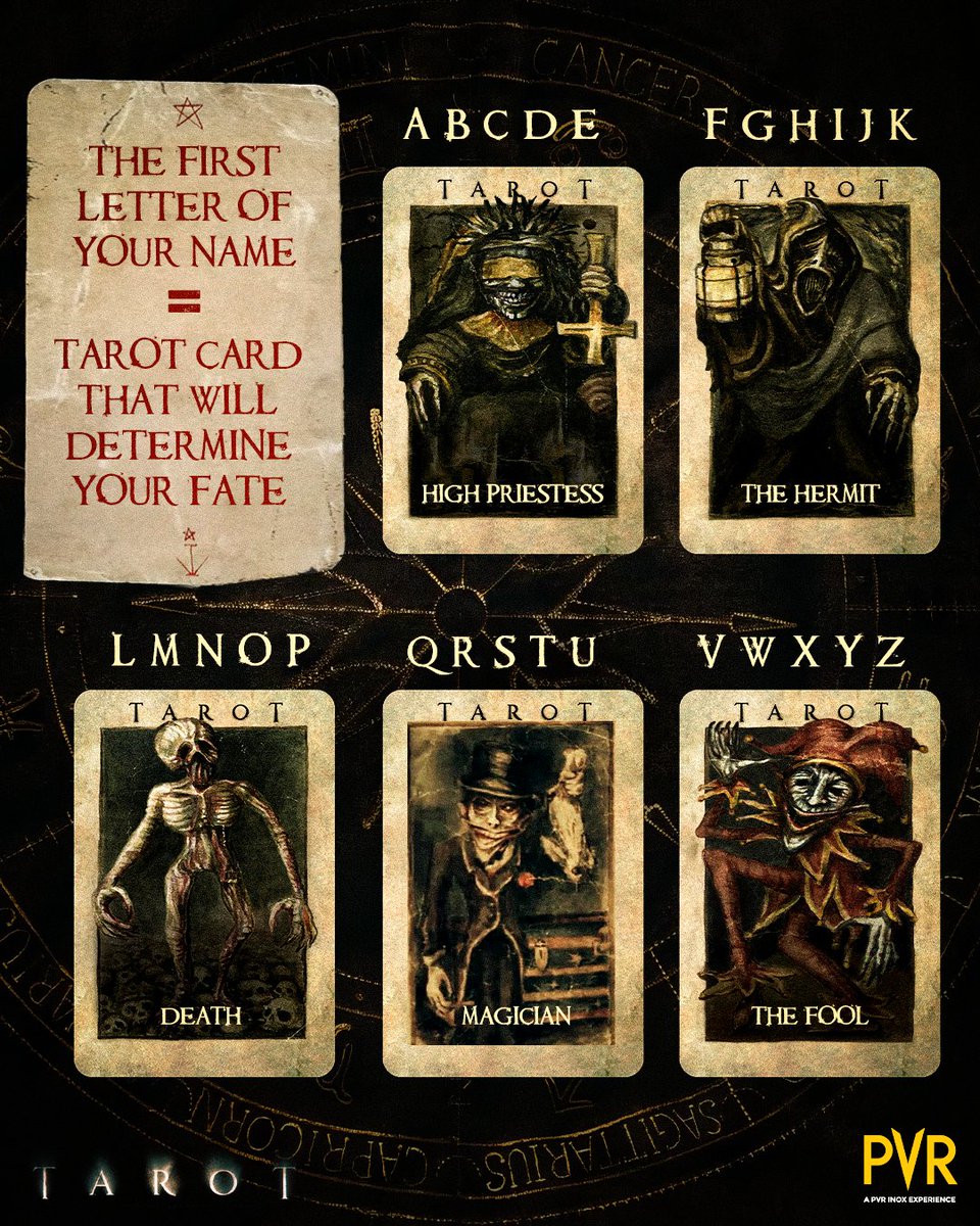 _PVRCinemas's tweet photo. Want to know what the future holds for you? 🔮 The first letter of your name will signify your fate. Which card did you get? Share with us in the comments! 🃏
Now screening at PVR INOX!
Book now: https://t.co/WyiWtS0CBM
#Tarot #AvantikaVandanapu #LarsenThompson #JacobBatalon https://t.co/wfQqsjOxj1