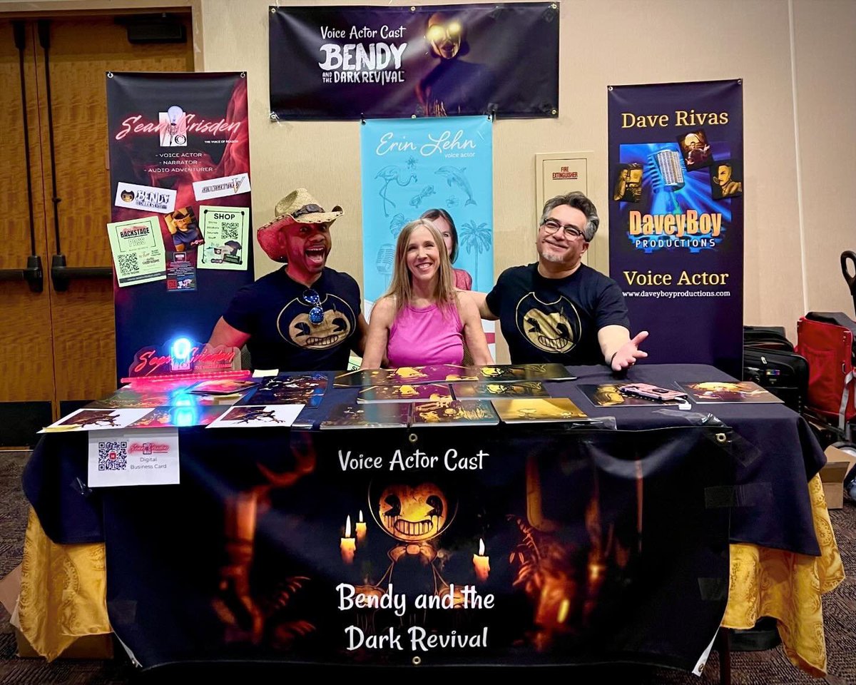 Time for a lil adventure! Sean Crisden, voice of Ink Demon, Erin Lehn, voice of Audrey & Dave Rivas, voice of Joey Drew from Bendy and the Dark Revival are at Palm Springs Entertainment Convention!! #psec #batdr #fancon #bendy #bendyvofamily @themeatly @seancrisden @erinsvoice