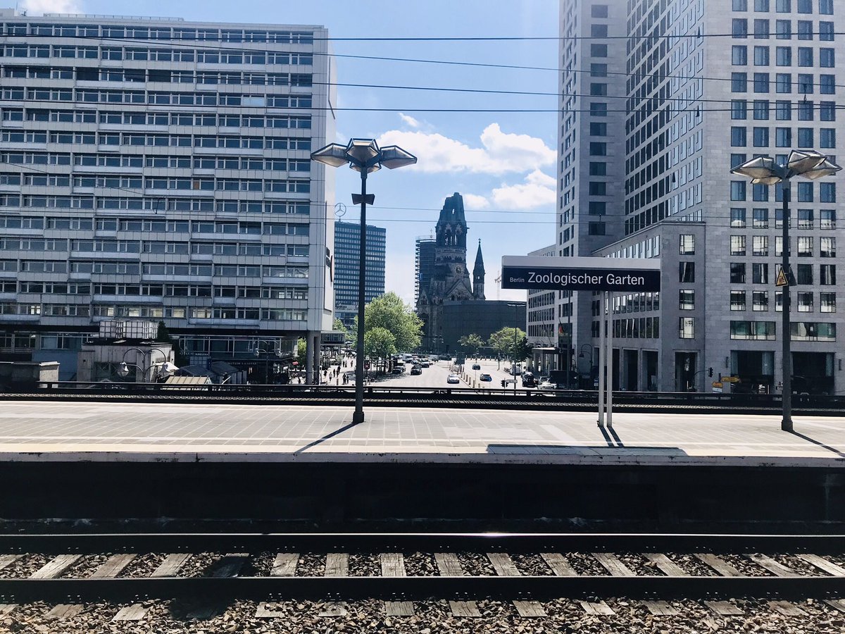 Sightseeing from the platform… the bomb-damaged Kaiser Wilhelm Memorial Church in Berlin, as see from platform 3 of Zoo station…