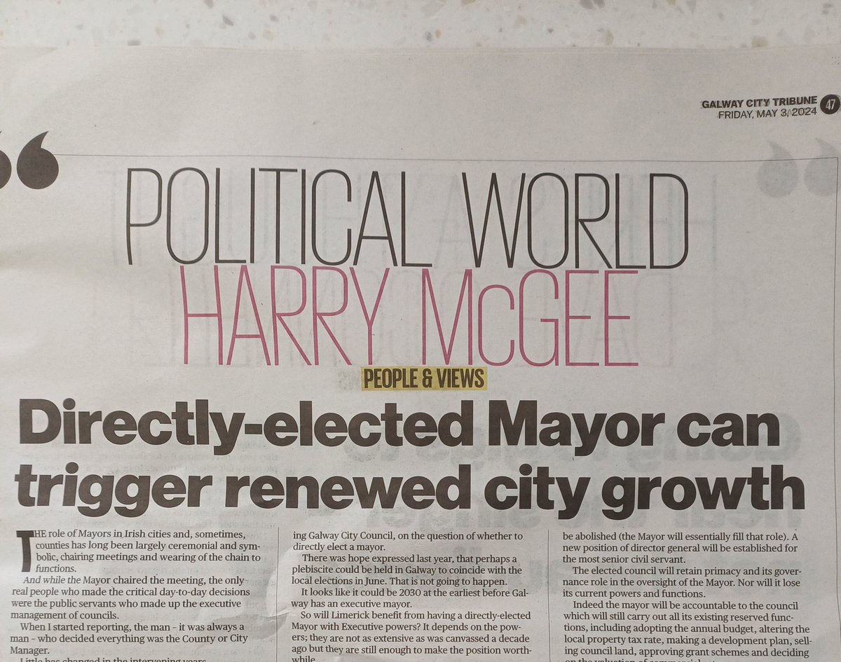 I've always supported the idea of a directly elected mayor in this city. Great article by @harrymcgee in the city tribune about how this would work. I will be backing a call for having a plebiscite in advance of the next local elections. All eyes on Limerick over the next 5 years