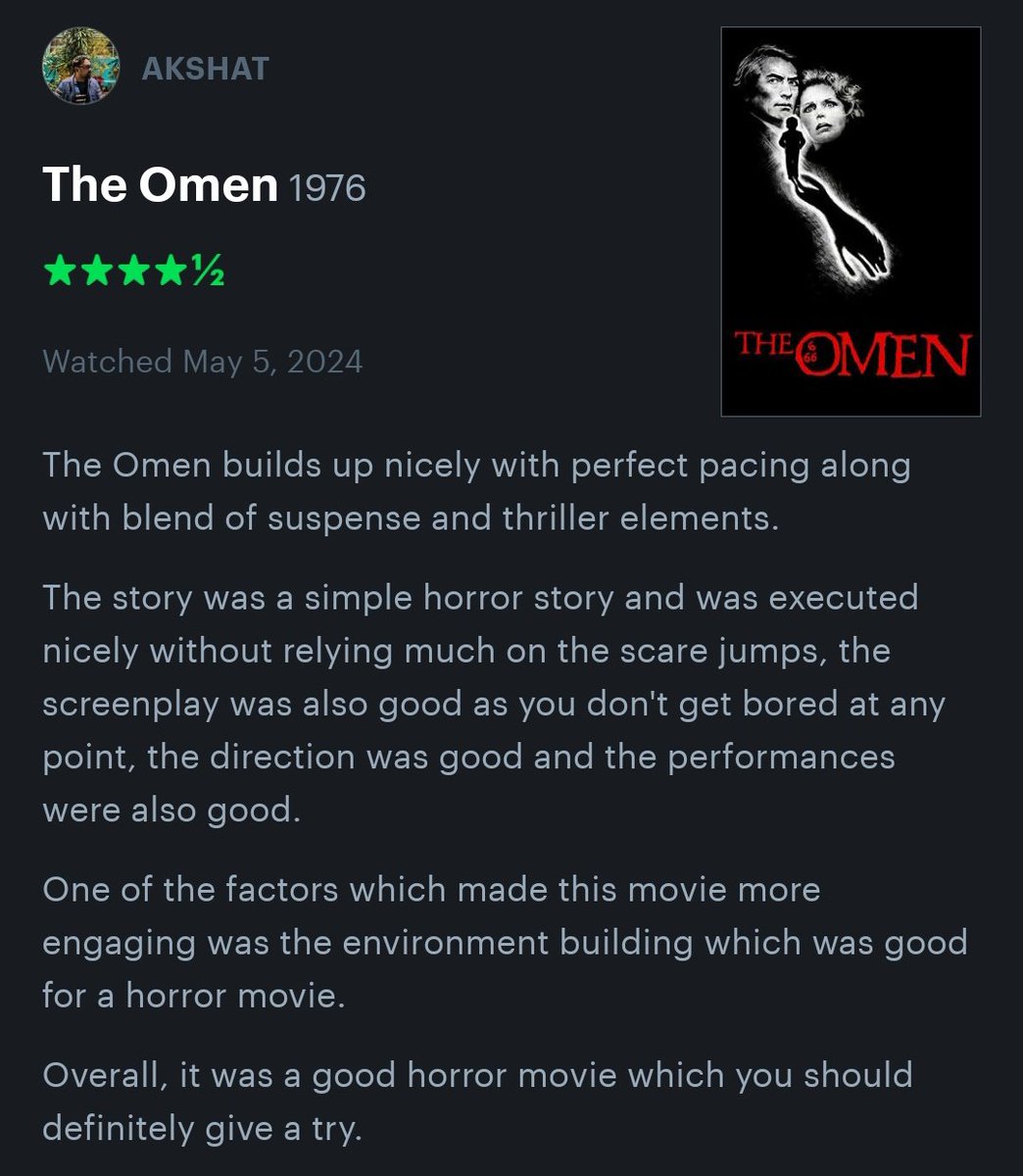 As The First Omen has released, I revisited The Omen (1976) - a classic horror film with perfect pacing, suspense & thrills! Simple yet effective story, engaging environment & good performances. No reliance on jump scares. A must-watch! 

#TheOmen #TheFirstOmen #Review #Horror