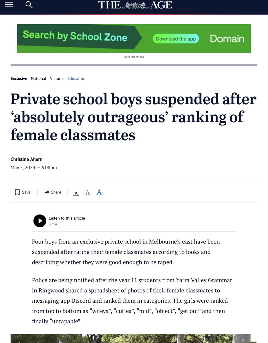 Calling teenage girls “unrapable” is bad enough, but calling them “objects” is almost as bad and sends a clear message about what these teenage boys think of women.

Don’t just suspend them: expel them, Yarra Valley Grammar. 

Because women are fucking OVER THIS SHIT.

And if