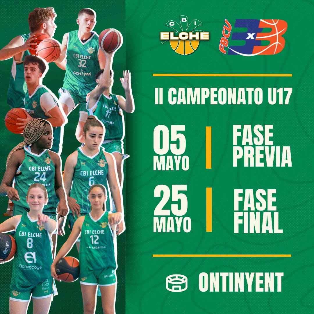 Hoy da comienzo el II Campeonato U17 de 3x3 de la @fbcv_es El CBI Elche participamos en categoría masculina y femenina. ¡A tope chicos/as! 🟢 Masc: Aitor, Nacho, Ilia, Mario 🟡 Fem: Tracy, Helena, Blanca, Marta #CBIElche #ElBaloncestoDeElche🟢