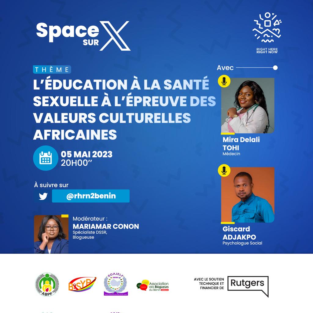 🚀 C'est aujourd'hui à 20h ! Rejoignez-nous dans notre Space  sur l'éducation à la santé sexuelle en Afrique, en dialogue avec les valeurs culturelles. 

Nos invités d'honneur <a href="/drdelali/">Delali</a> et Giscard Adjakpo partageront leurs connaissances, avec <a href="/MariamarConon/">Mariamar Védrine</a> à la modération. Ne
