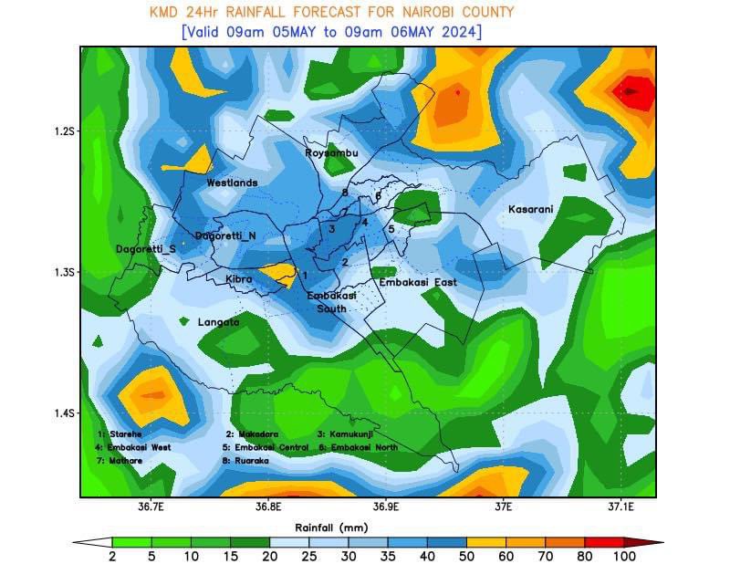 Weforestinter's tweet image. 🌤️ Nairobi County Forecast: From 9am on May 5th to 9am on May 6th 
While the sun may be shining, it&apos;s important not to lower your guard! Expect sunny intervals over most parts of Nairobi County initially, but anticipate moderate to heavy rainfall. Stay vigilant, prepared, and sa