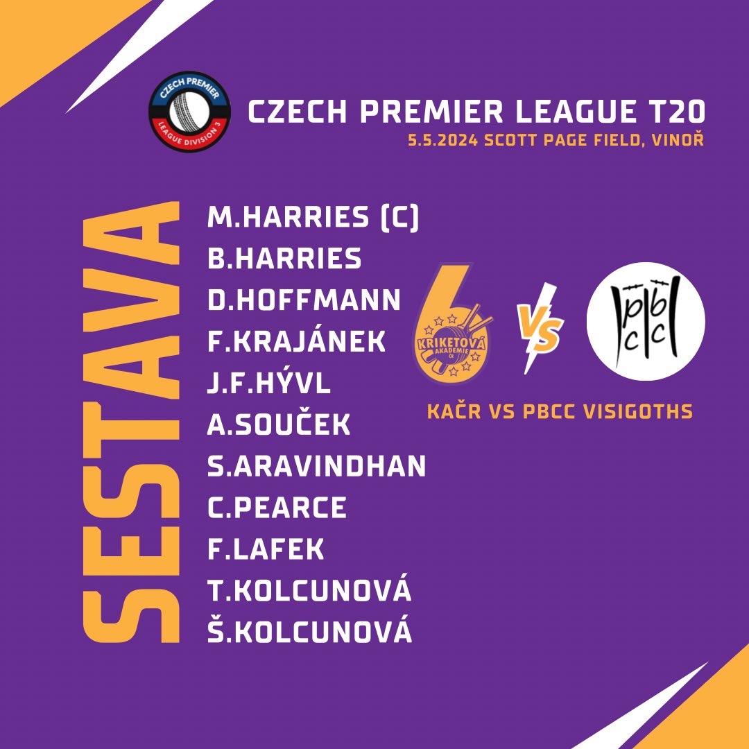 Do odvety s @Barbarians_CC Visigoths jdeme s touto sestavou. 

📺 Zápas můžete sledovat zde 👇👇 

cricheroes.in/upcoming-match…

#laskanaprvniodpal #kriketovaakademie #CPL #T20 #kriket #cricket