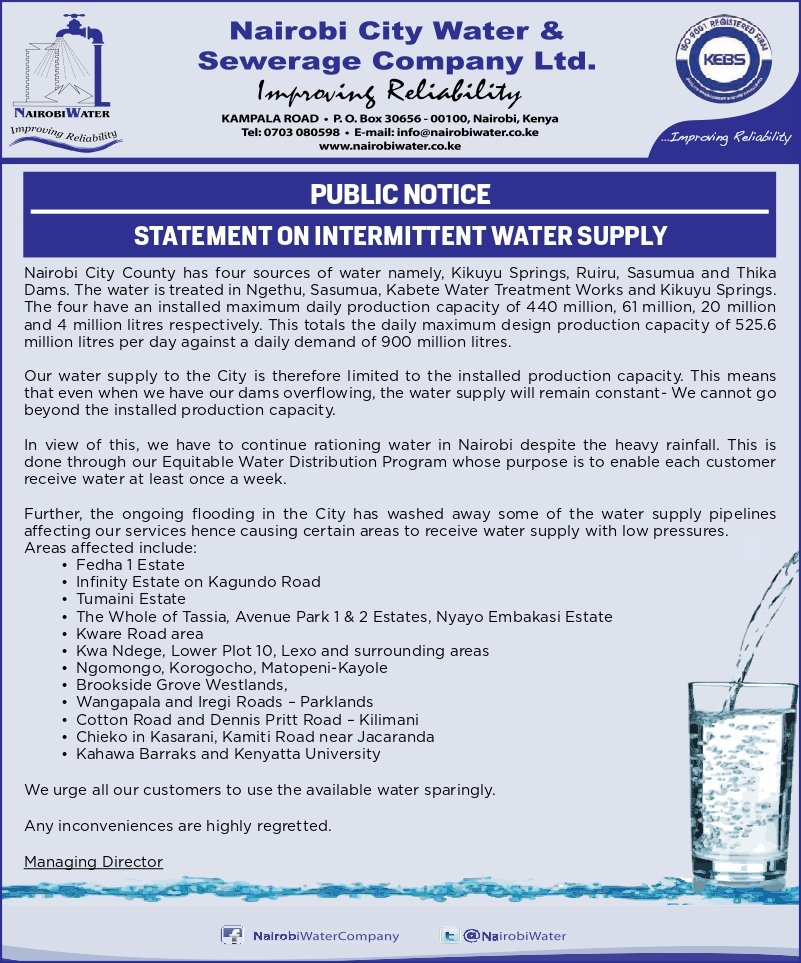 Ministry of Water & County governent of Nairobi, have enough resources to build new dams to meet the water needs of the city and surrounding towns. @WahomeHon @SakajaJohnson build one more dam and water treatment plant for the city. You made the promise. Deliver!