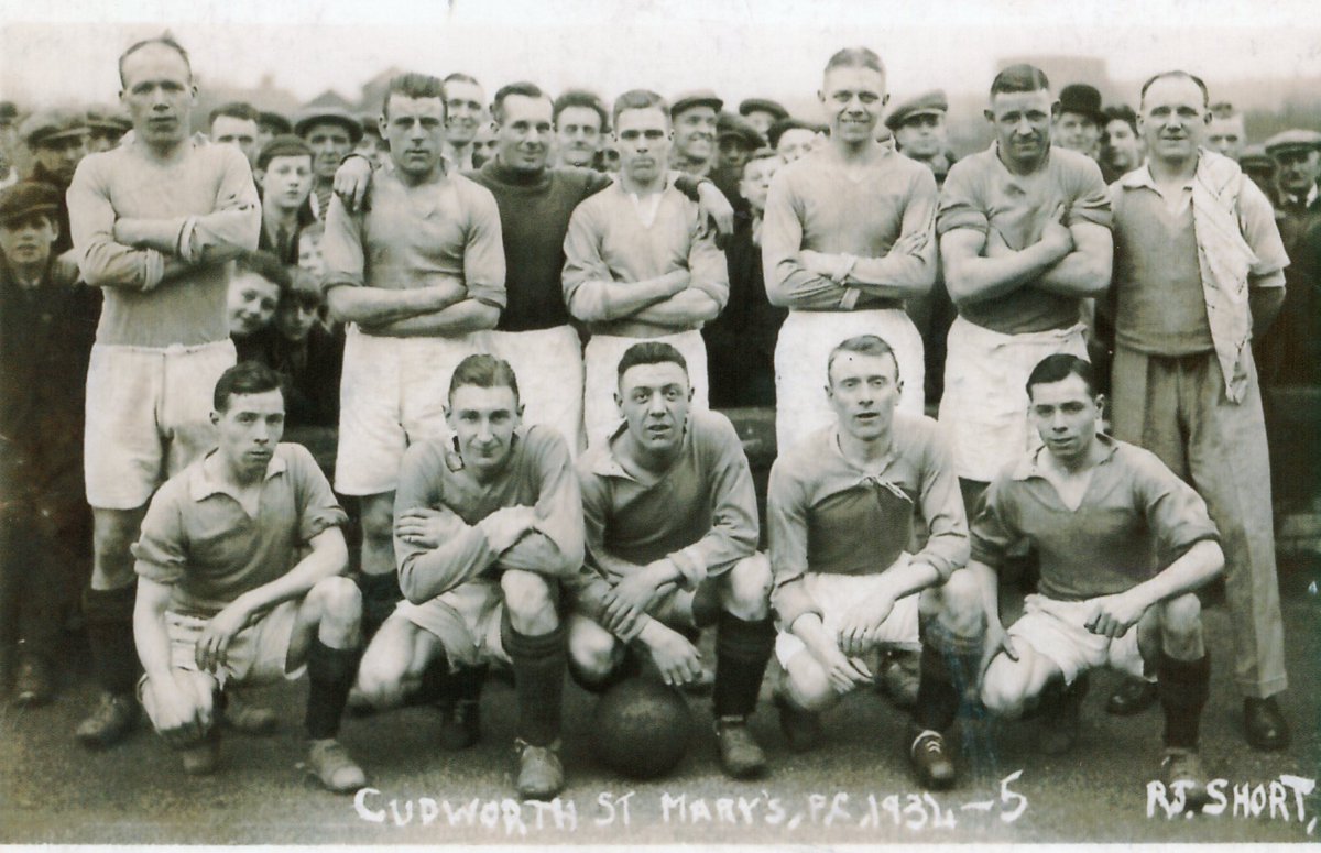 Cudworth St Mary's Parish Church FC 1934-35. Mostly miners. By ex miner 'Joe' Short. Goalie and backs appear to have got on well! Joe a superb 'social history' and commercial photographer. Met him in Wombwell (Barnsley) several times. @IMcMillan @KenBrookes2 @PaulDragonwolf1