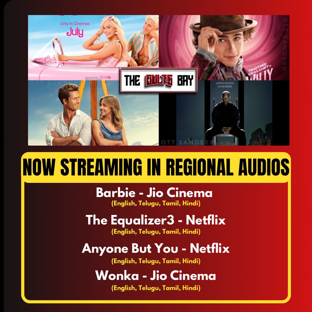 #Barbie and #Wonka - Jio Cinema 
 (Eng, Tel, Tam, Kan, Hin)

#AnyoneButYou - Netflix 
(Eng, Tel, Tam, Hin)

 #TheEqualizer3 - Netflix
(Eng, Tel, Tam, Hin)