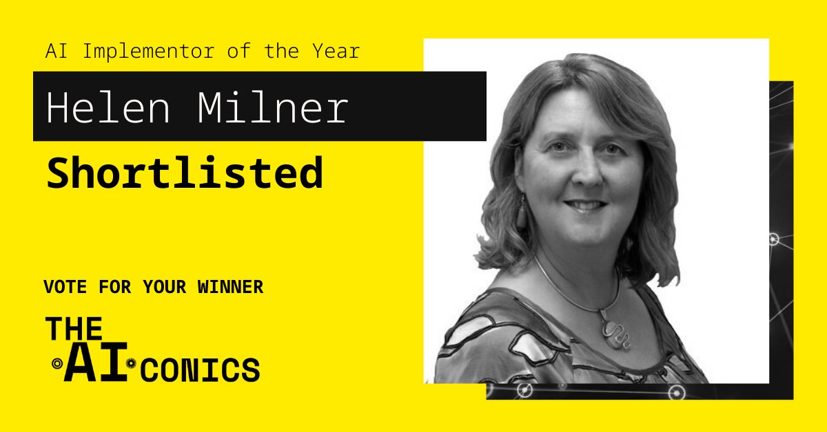 AI Implementor of the Year? 🏆 Place your votes for @helenmilner as she's been recognised for her outstanding achievements navigating @GoodThingsFdn to increase understanding how AI will affect people who are digitally excluded. Vote now 👇 london.theaisummit.com/aiconics/aicon…