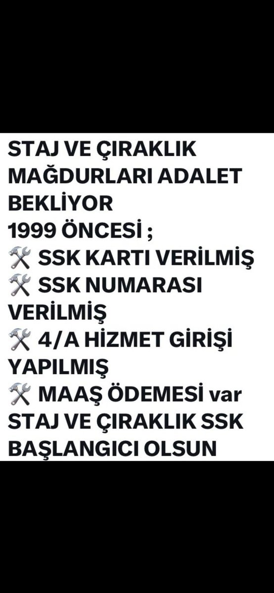 Haftanın hergünü Adalet arıyoruz Qe @eczozgurozel @ErbakanFatih @zaferpartisi @herkesicinCHP @rprefahpartisi @iyiparti 38Yıllık Mağduriyet Bitsin #StajÇıraklıkSgkBaşlangıcıOlsun