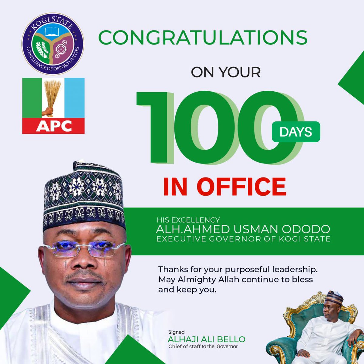 Thanks for the purposeful leadership may Almighty Allah continue to bless and keep you stronger for the progressive development of Kogi State.

Chief of Staff to the Gov, Alhaji Ali Bello facilitate with Gov Ahmed Usman Ododo on his 100 days in office.
#ododoisworking