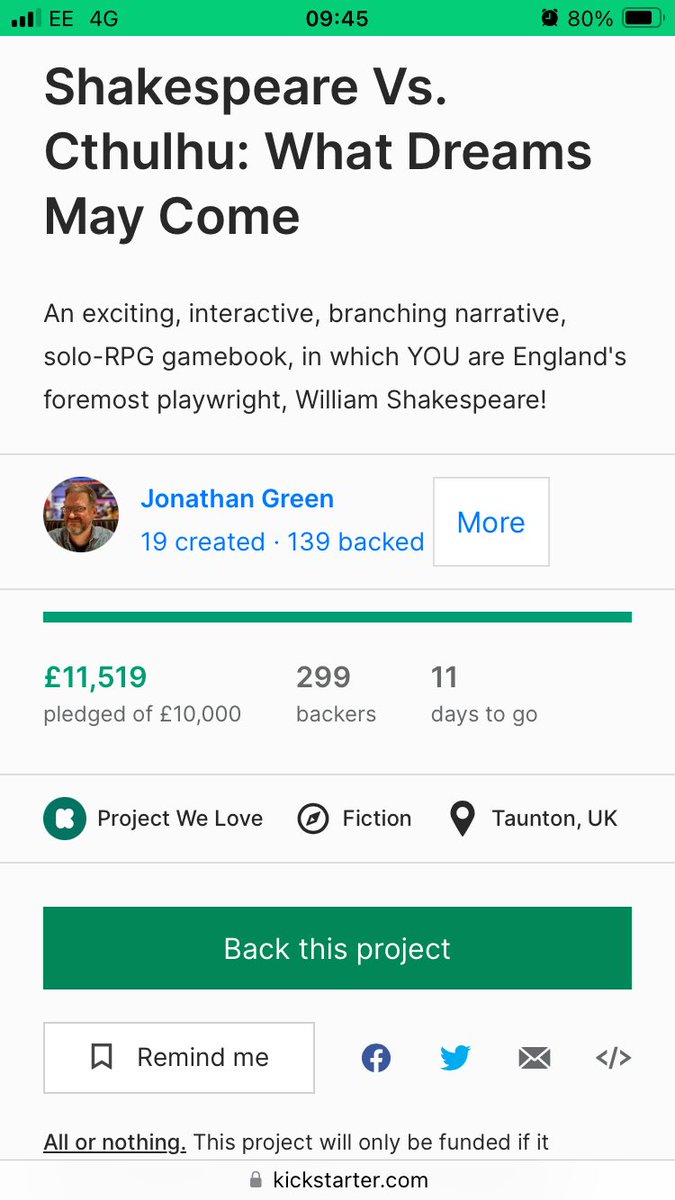 Who will be our 300th backer? Check out Shakespeare Vs. Cthulhu: What Dreams May Come by Jonathan Green on @Kickstarter kickstarter.com/projects/jonat… #shakespearesunday