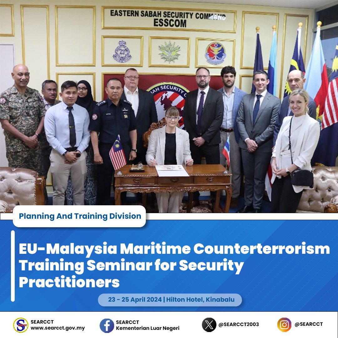 Anchoring Security Partnerships with the Planning And Training Division of SEARCCT & EU collaborate at Hilton Hotel Kinabalu for the EU-Malaysia Maritime Counterterrorism Training Seminar. Dive into the highlights of this impactful event!

#SEARCCT #EUDefence #EUIndoPacific