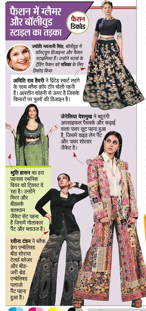 #FashionDecode for #RajasthanPatrika this #Sunday 

#FashionExpert #JyotiMadnaniSingh #CostumeDesigner #FashionStylist #AditiRaoHydari  #shrutihassan #geneliadsouza #GeneliaDeshmukh #raveenatandon #Raveena #raveenatandonthadani