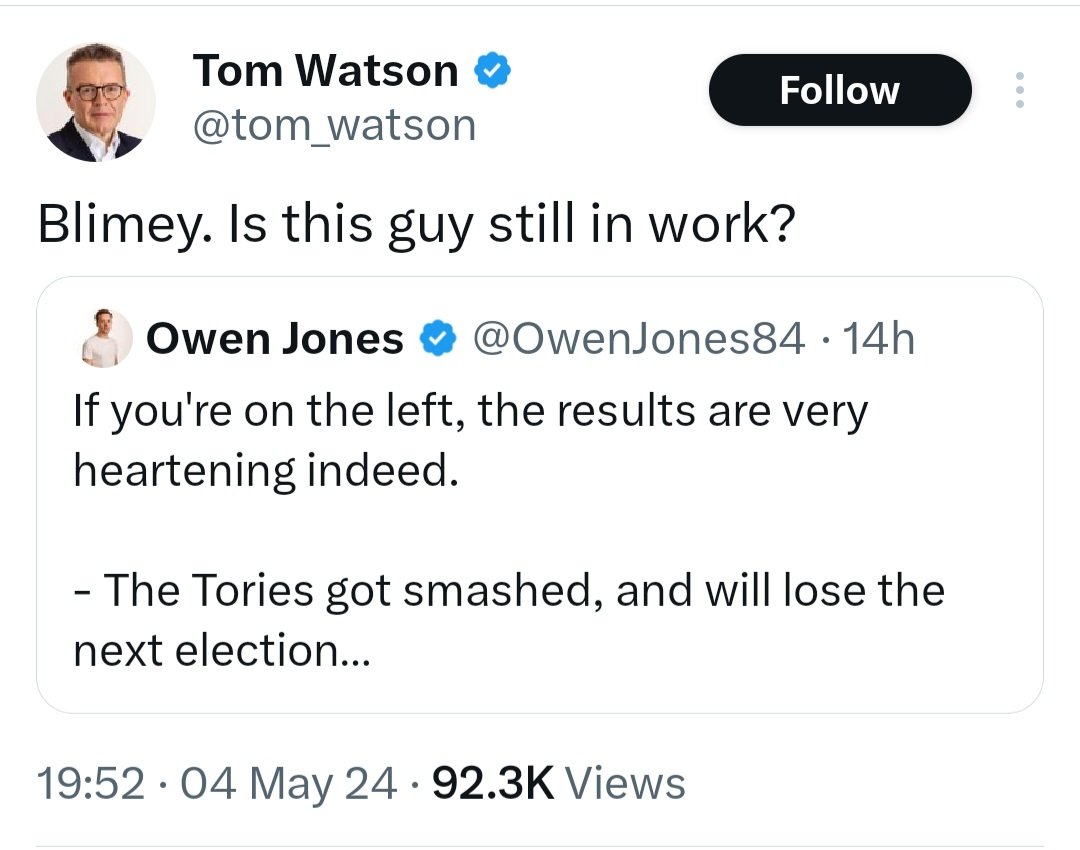 I'm really not a fan of Watson, but I like how the non-communist Left in Britain has finally found the courage to criticise commies. For too long, it used to be an unwritten rule that if you're on the Left, you don't criticise people who are further to the Left.