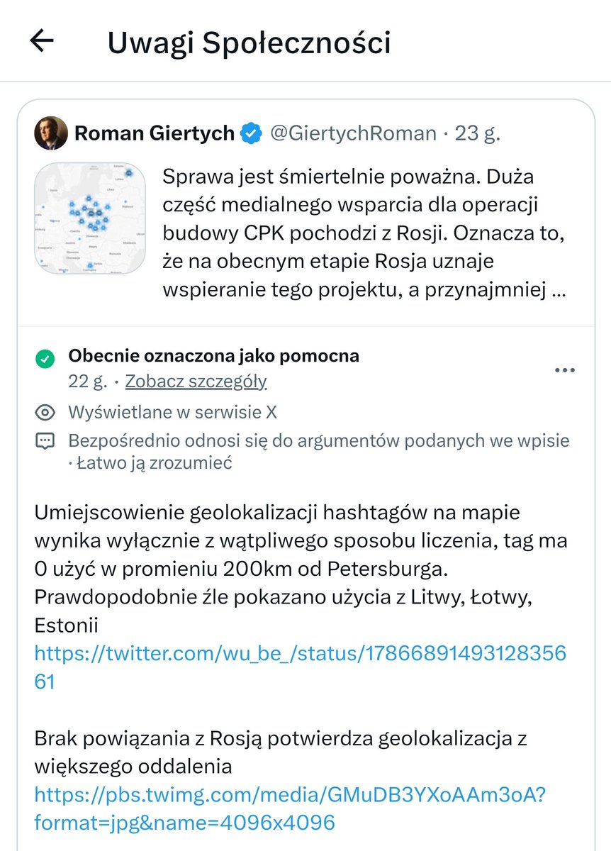 Fakt, że poseł na Sejm za pomocą hasztagów organizujących trolle próbuje sabotować inwestycję ważną również z punktu widzenia bezpieczeństwa, jest skandalem.
Już niemal dobę temu został wyjaśniony w uwagach społeczności, ale twardo jedzie dalej. Gdzie ci mityczni fact-checkerzy?