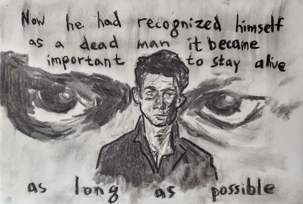 Now he had recognized himself as a dead man it became important to stay alive as long as possible.

— 1984, George Orwell

#artistsontwitter #bookillustration #illustration #1984 #georgeorwell #graphicillustration #art #charcoalillustration
