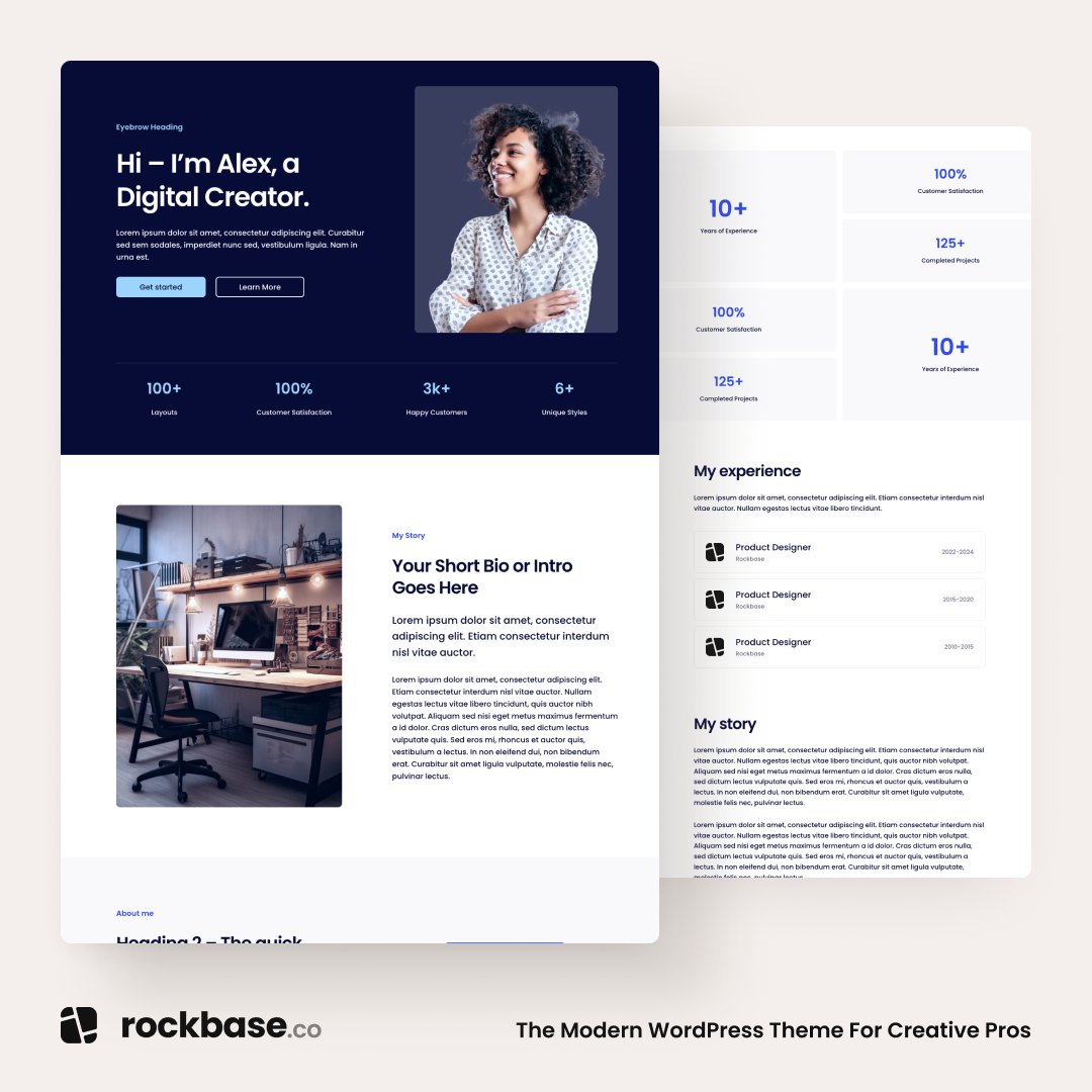 The page patterns in Rockbase are a fan favorite. Need an about page? 💥BOOM💥 You got it. Need a pricing page? 💥POW💥 Insert pattern. Beautifully designed, ready for your content and personal touch.