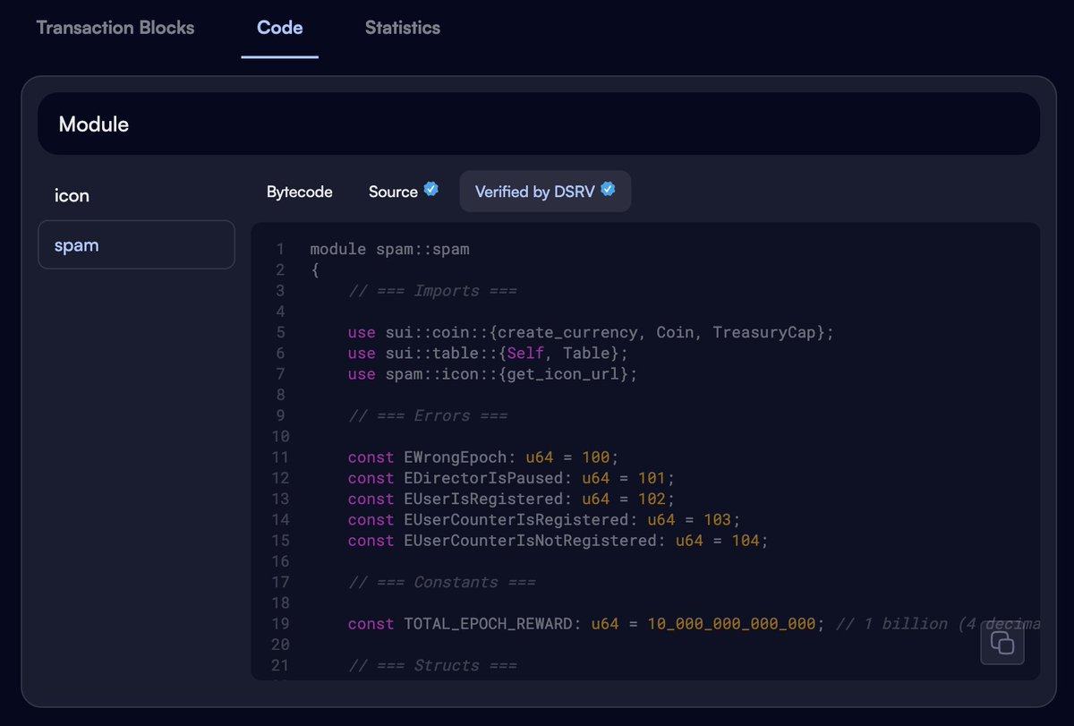 🚫 SPAM is triple-verified on SuiVision!

✅ Verified coin

✅ Verified package

✅ Verified code

Coin:
suivision.xyz/coin/0x30a644c…

Package and code:
suivision.xyz/package/0x30a6…

Thanks to the @blockvisionhq team for getting this ready so quickly!
